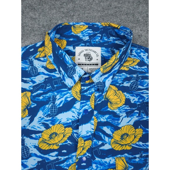 Savage Tacticians Hawaiian Shirt Men's XL Blue AOP Rifle Gernades Golf Military - Picture 2 of 8